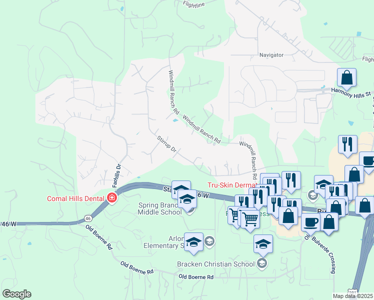 map of restaurants, bars, coffee shops, grocery stores, and more near 924 Stirrup Drive in Spring Branch