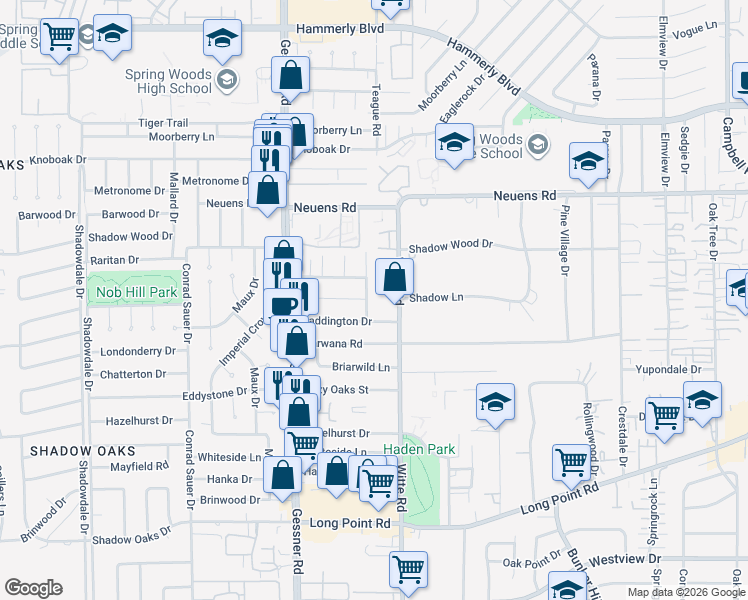 map of restaurants, bars, coffee shops, grocery stores, and more near 10012 Haddington Drive in Houston