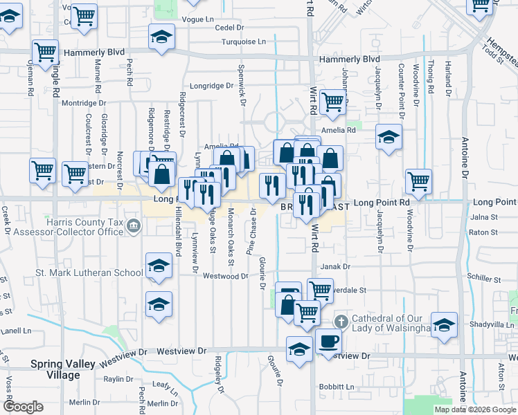 map of restaurants, bars, coffee shops, grocery stores, and more near 1739 Maravilla Drive in Houston
