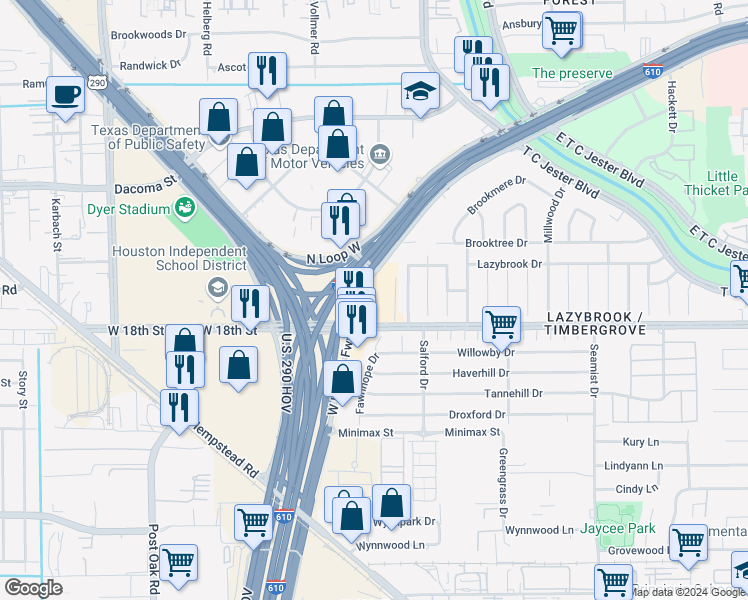 map of restaurants, bars, coffee shops, grocery stores, and more near 2951 North Loop West in Houston