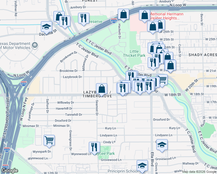 map of restaurants, bars, coffee shops, grocery stores, and more near 1807 Seaspray Court in Houston