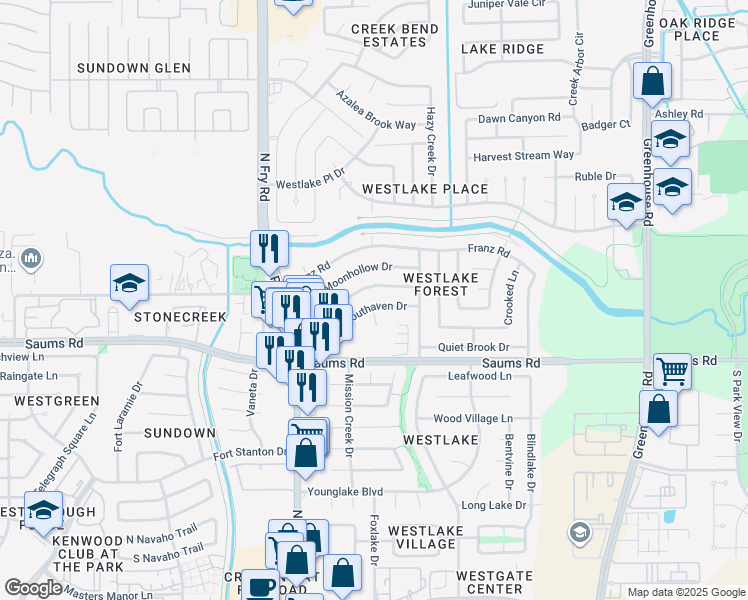 map of restaurants, bars, coffee shops, grocery stores, and more near 19638 Southaven Drive in Houston