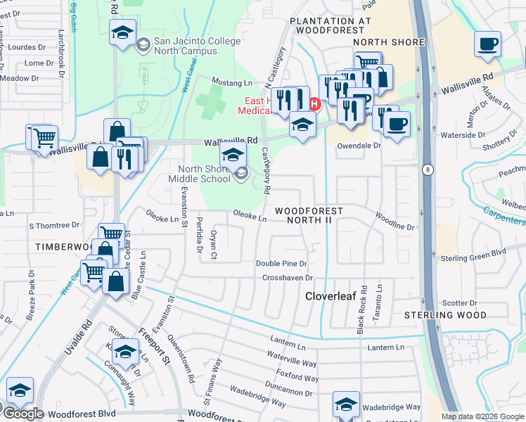 map of restaurants, bars, coffee shops, grocery stores, and more near 14002 Oleoke Lane in Houston