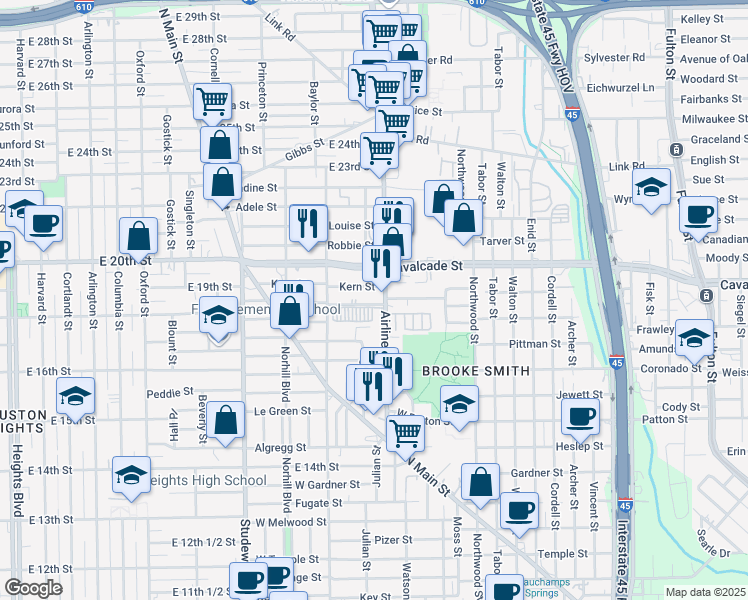 map of restaurants, bars, coffee shops, grocery stores, and more near 1713 Airline Drive in Houston