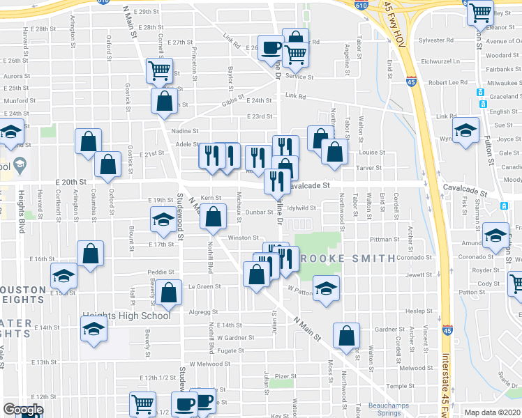map of restaurants, bars, coffee shops, grocery stores, and more near 1715 Airline Drive in Houston