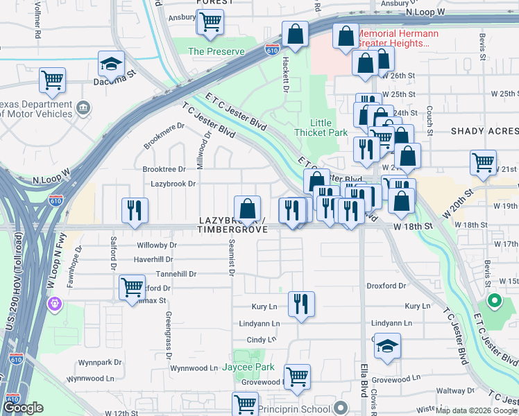 map of restaurants, bars, coffee shops, grocery stores, and more near 1807 Seaspray Court in Houston