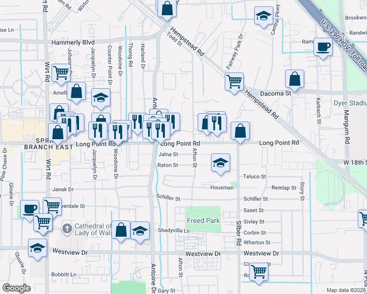 map of restaurants, bars, coffee shops, grocery stores, and more near 7207 Jalna Street in Houston