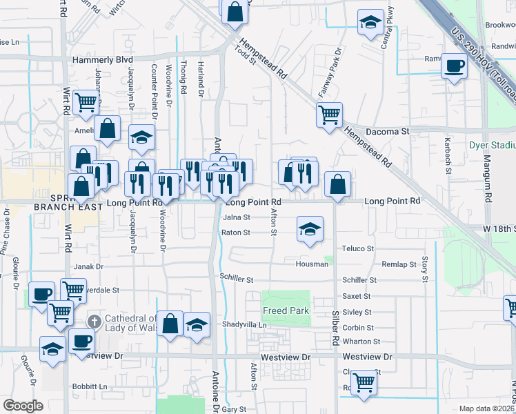 map of restaurants, bars, coffee shops, grocery stores, and more near 7207 Jalna Street in Houston