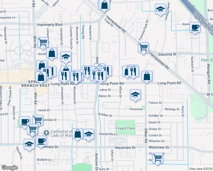 map of restaurants, bars, coffee shops, grocery stores, and more near 7207 Jalna Street in Houston
