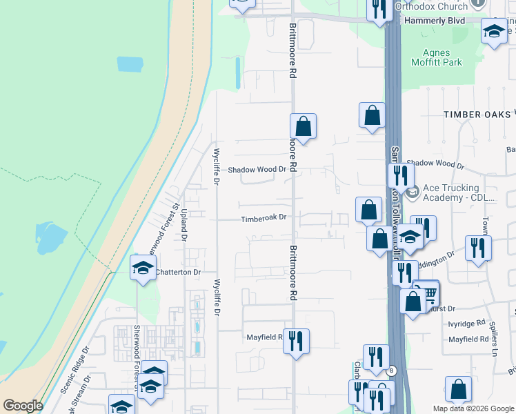 map of restaurants, bars, coffee shops, grocery stores, and more near 10938 Timberoak Drive in Houston