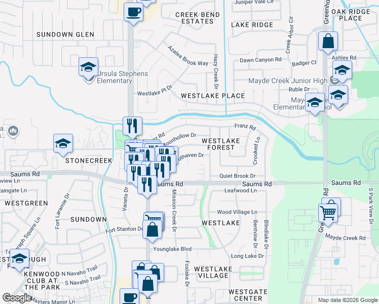 map of restaurants, bars, coffee shops, grocery stores, and more near 19623 Southaven Drive in Houston