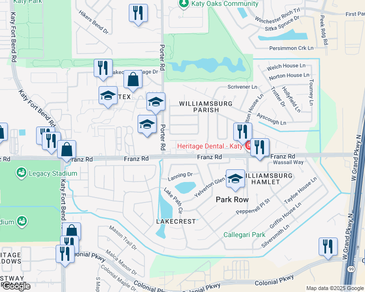 map of restaurants, bars, coffee shops, grocery stores, and more near 24326 Leachwood Drive in Katy