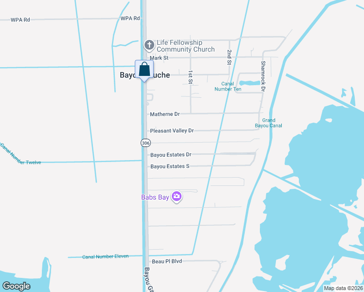 map of restaurants, bars, coffee shops, grocery stores, and more near 122 Bayou Estates Drive in Des Allemands