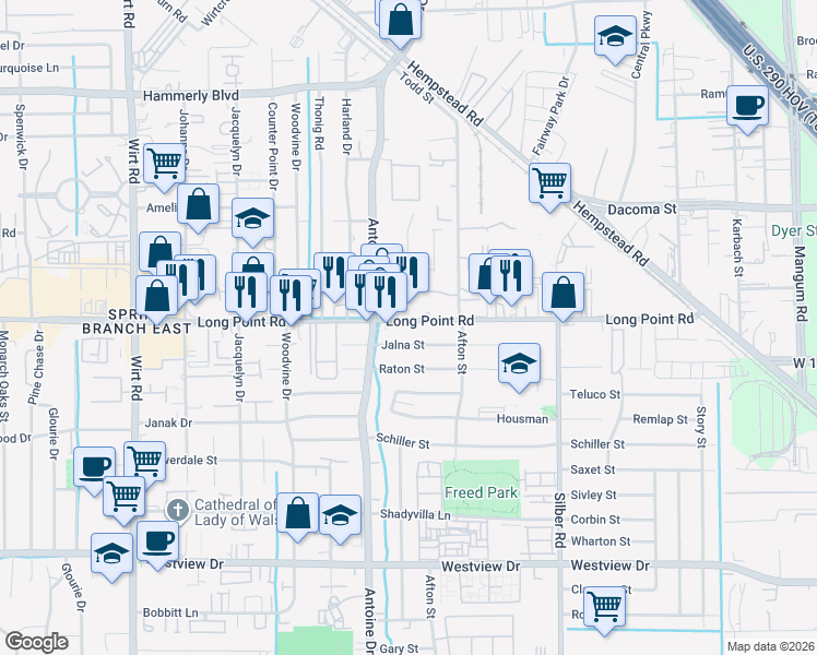 map of restaurants, bars, coffee shops, grocery stores, and more near 7207 Jalna Street in Houston