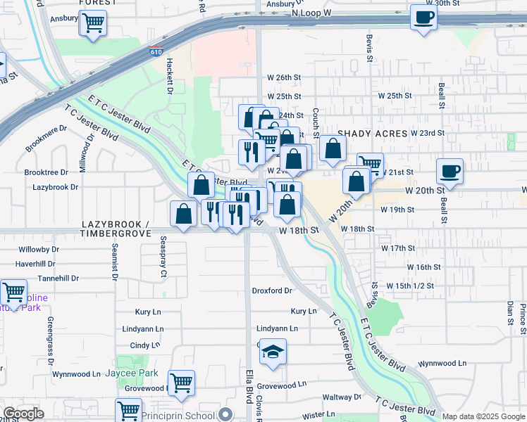 map of restaurants, bars, coffee shops, grocery stores, and more near 1523 West 18th Street in Houston