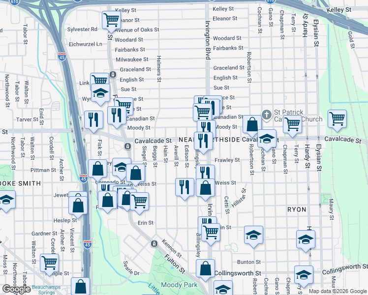 map of restaurants, bars, coffee shops, grocery stores, and more near 4607 Billingsley Street in Houston