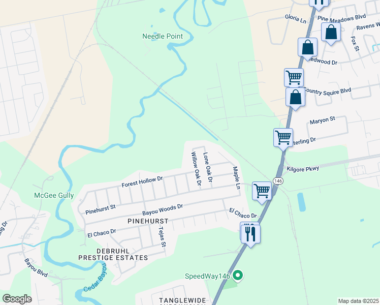 map of restaurants, bars, coffee shops, grocery stores, and more near 7427 Willow Oak Drive in Baytown