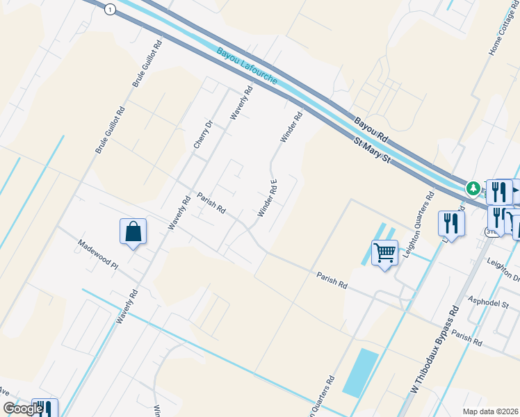 map of restaurants, bars, coffee shops, grocery stores, and more near 307-311 Winder Road East in Thibodaux