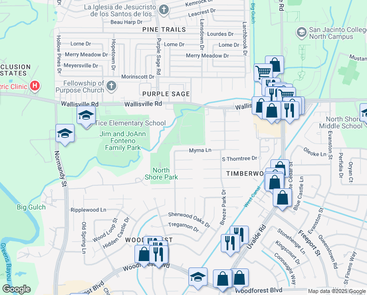 map of restaurants, bars, coffee shops, grocery stores, and more near 13207 South Thorntree Drive in Houston