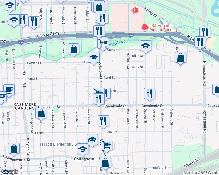 map of restaurants, bars, coffee shops, grocery stores, and more near 5414 Bunte Street in Houston