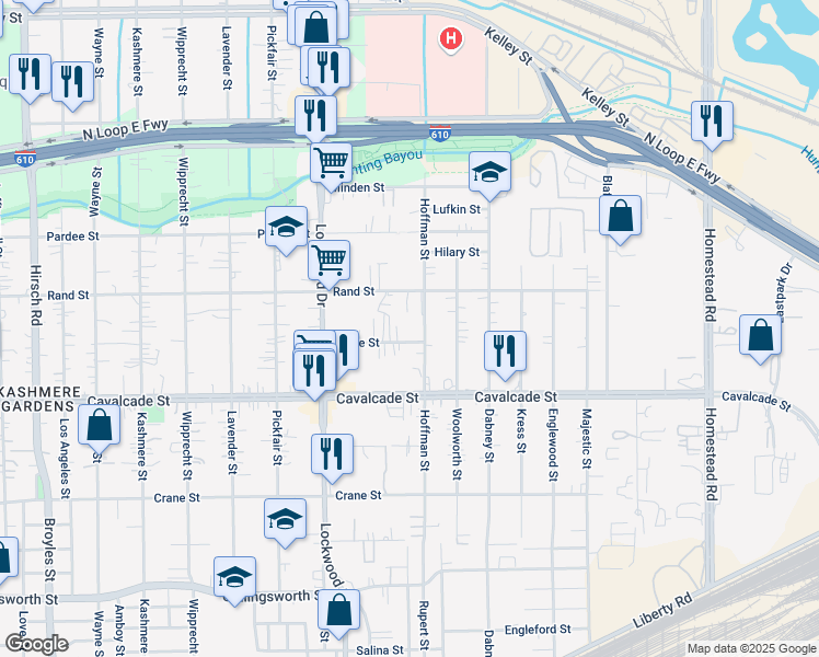 map of restaurants, bars, coffee shops, grocery stores, and more near 5538 Bunte Street in Houston