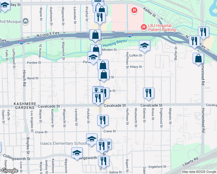 map of restaurants, bars, coffee shops, grocery stores, and more near 5414 Bunte Street in Houston