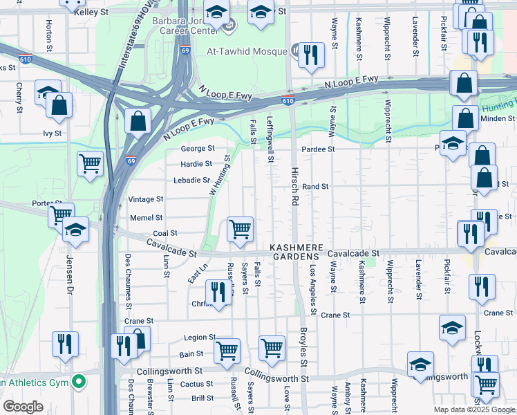 map of restaurants, bars, coffee shops, grocery stores, and more near 4601 Falls Street in Houston