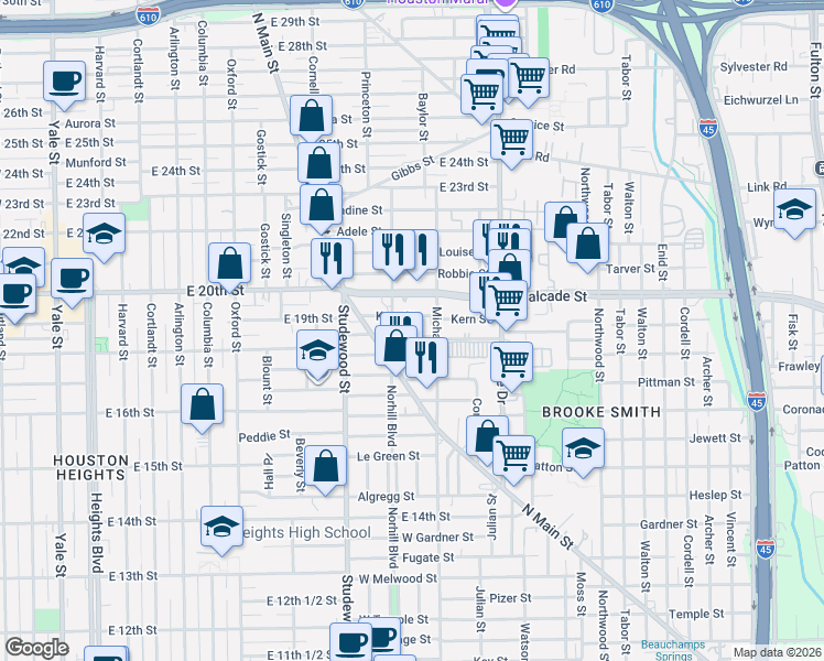 map of restaurants, bars, coffee shops, grocery stores, and more near 1014 Jerome Street in Houston