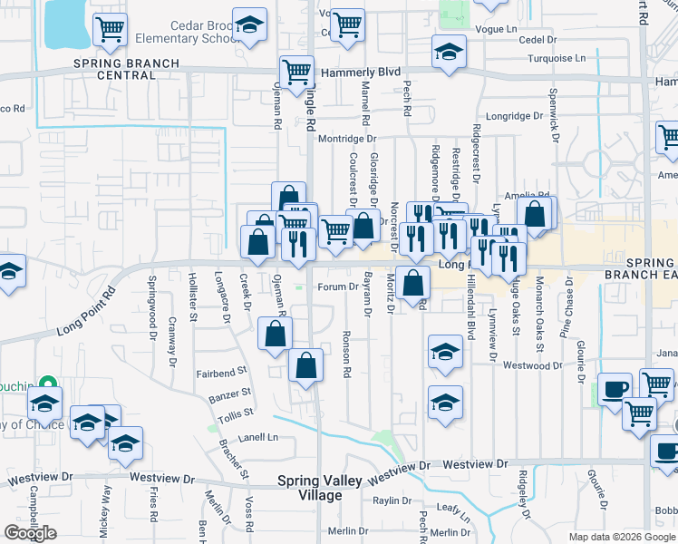 map of restaurants, bars, coffee shops, grocery stores, and more near 8529 Forum Drive in Houston