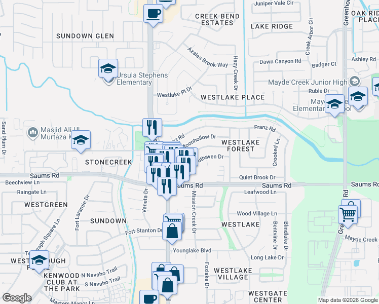 map of restaurants, bars, coffee shops, grocery stores, and more near 2314 Pepperweed Drive in Houston