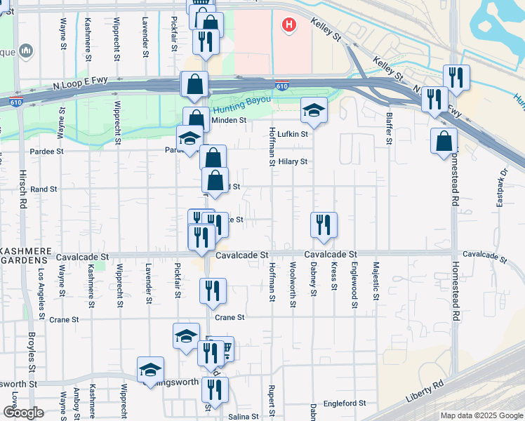 map of restaurants, bars, coffee shops, grocery stores, and more near 5538 Bunte Street in Houston