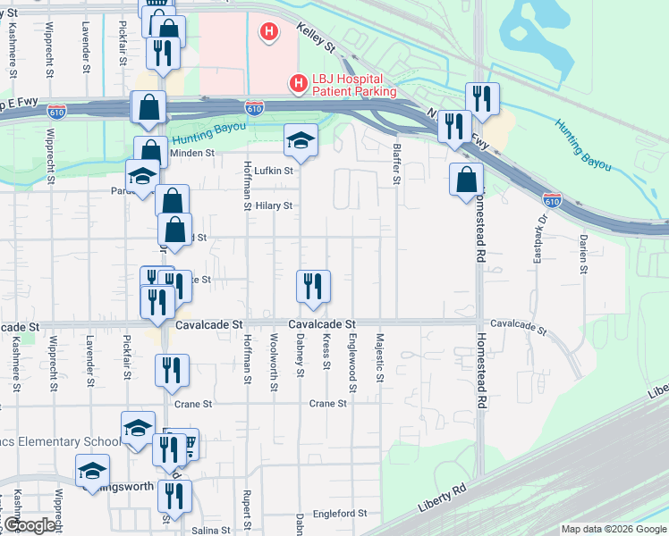 map of restaurants, bars, coffee shops, grocery stores, and more near 4521 Englewood Street in Houston
