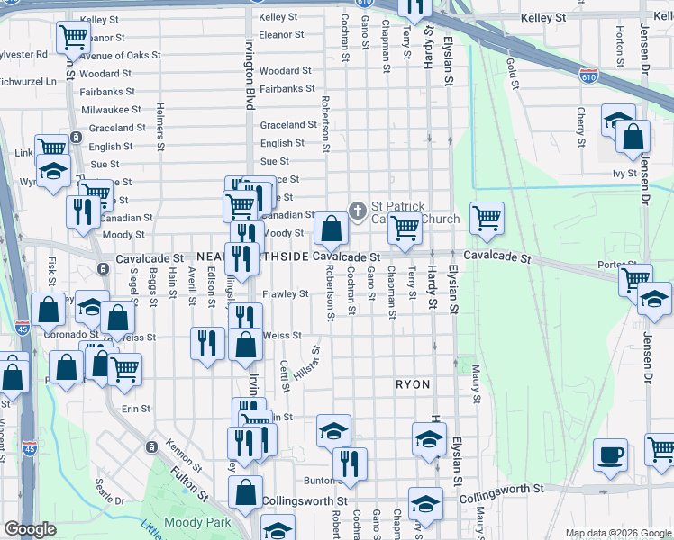 map of restaurants, bars, coffee shops, grocery stores, and more near 4607 Cochran Street in Houston