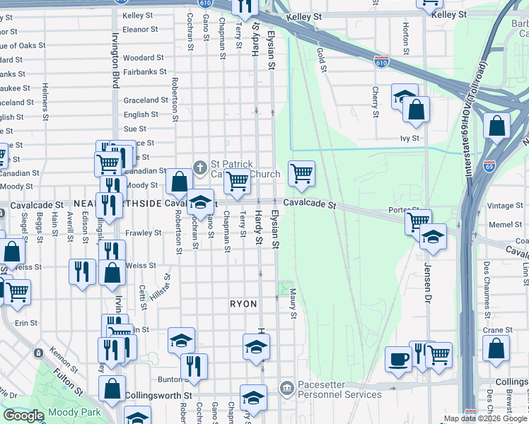 map of restaurants, bars, coffee shops, grocery stores, and more near 1605 Cavalcade Street in Houston