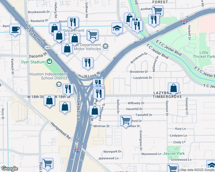 map of restaurants, bars, coffee shops, grocery stores, and more near 1839 Locksford Street in Houston