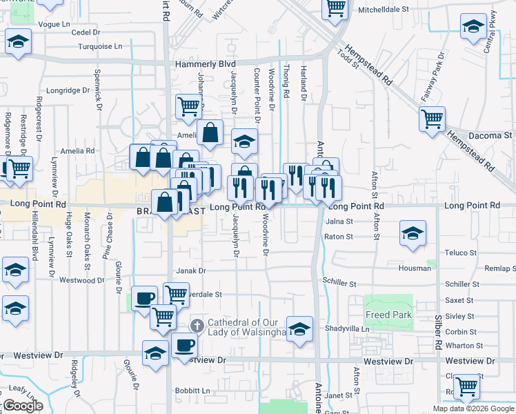 map of restaurants, bars, coffee shops, grocery stores, and more near 7550 Long Point Road in Houston