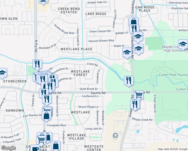 map of restaurants, bars, coffee shops, grocery stores, and more near 2410 Heathergold Drive in Houston
