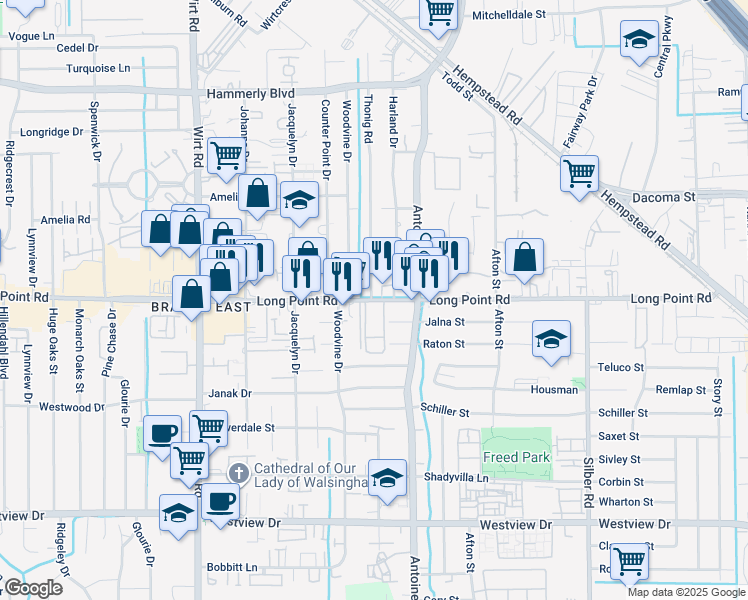 map of restaurants, bars, coffee shops, grocery stores, and more near 7429 Long Point Road in Houston