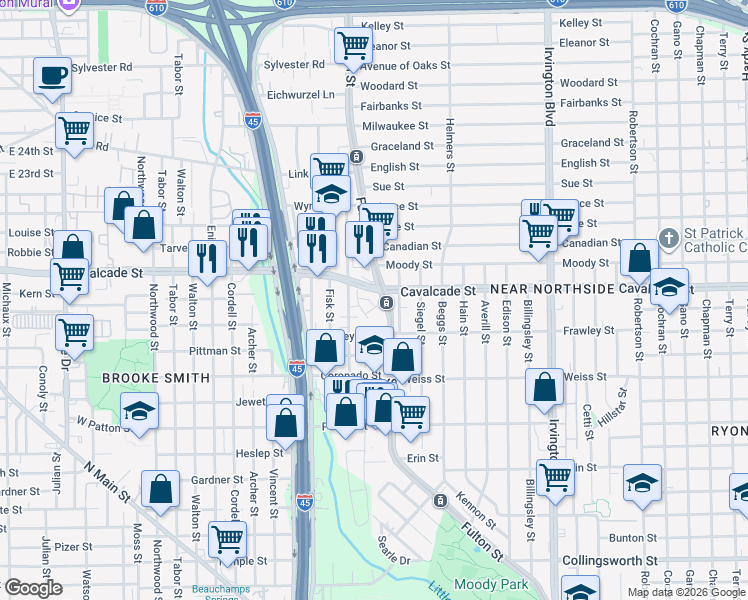 map of restaurants, bars, coffee shops, grocery stores, and more near 227 Cavalcade Street in Houston