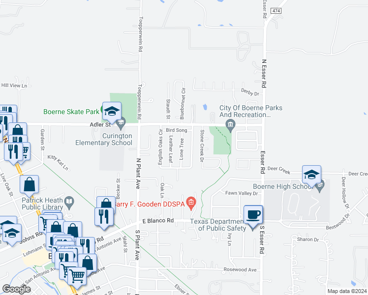 map of restaurants, bars, coffee shops, grocery stores, and more near 225 Lone Tree in Boerne