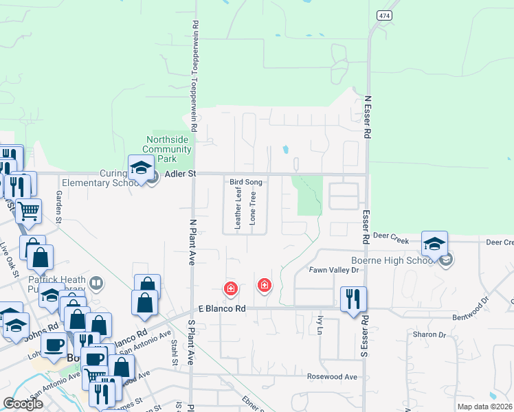 map of restaurants, bars, coffee shops, grocery stores, and more near 213 Lone Tree in Boerne