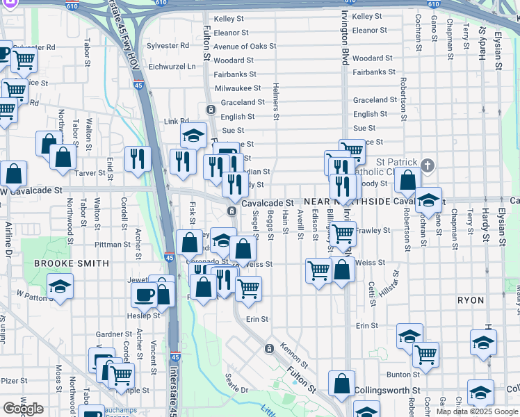 map of restaurants, bars, coffee shops, grocery stores, and more near 4807 Siegel Street in Houston