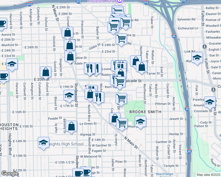map of restaurants, bars, coffee shops, grocery stores, and more near 915 West Cavalcade Street in Houston