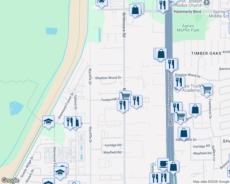 map of restaurants, bars, coffee shops, grocery stores, and more near 10927 Britt Way in Houston