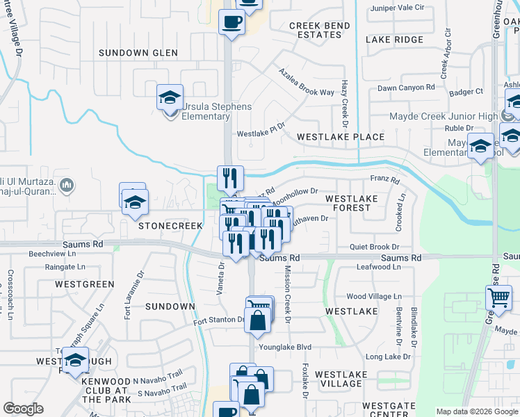 map of restaurants, bars, coffee shops, grocery stores, and more near 19751 Franz Road in Houston