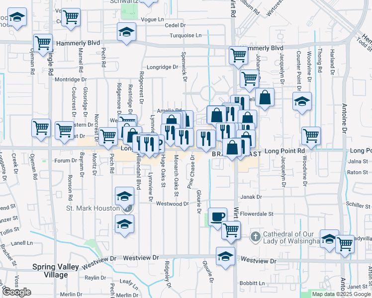 map of restaurants, bars, coffee shops, grocery stores, and more near in Houston