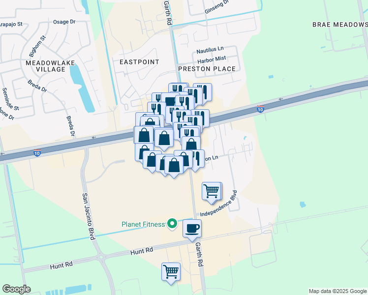 map of restaurants, bars, coffee shops, grocery stores, and more near 7017 Garth Road in Baytown