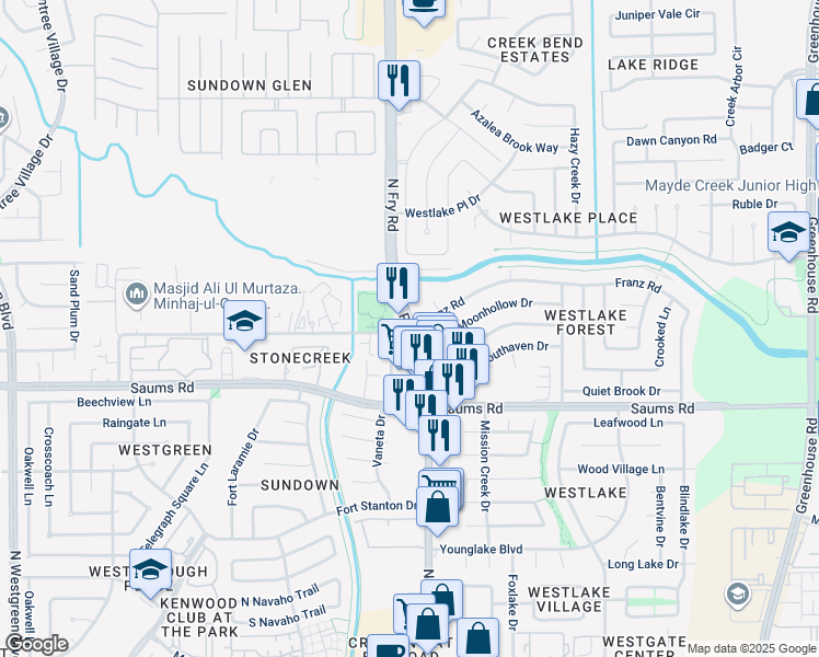map of restaurants, bars, coffee shops, grocery stores, and more near Franz Rd & Fry Rd in Katy