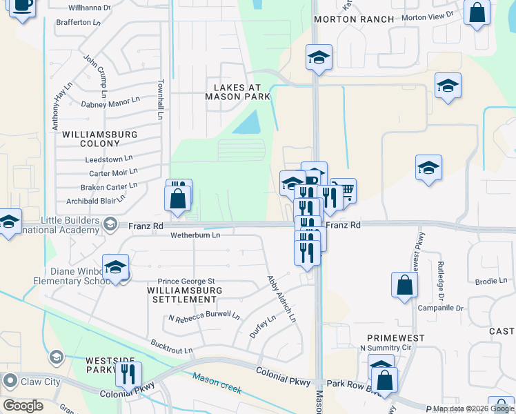 map of restaurants, bars, coffee shops, grocery stores, and more near 22000 Franz Road in Katy