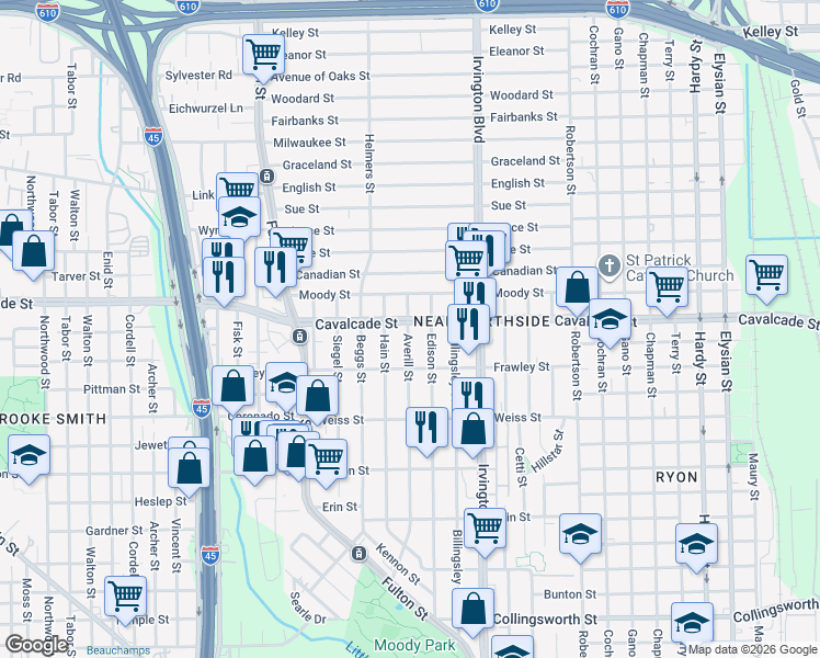 map of restaurants, bars, coffee shops, grocery stores, and more near 4801 Averill Street in Houston